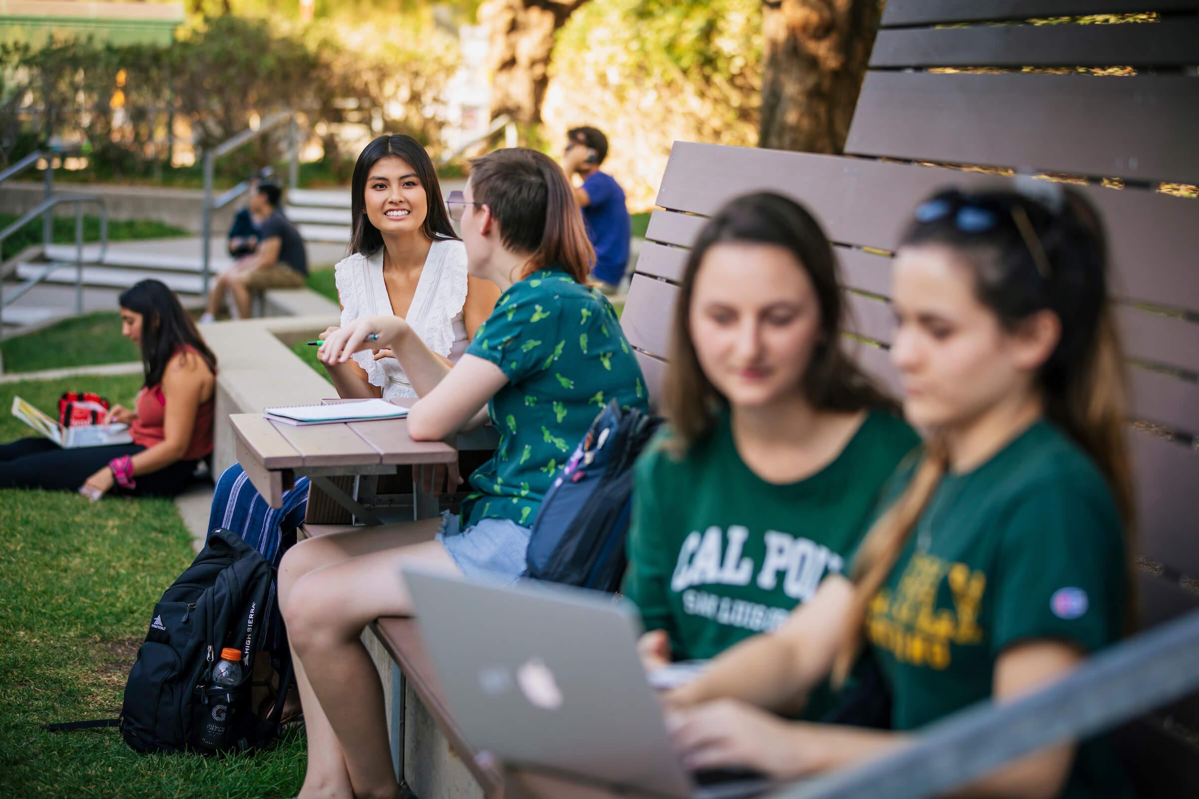 Students sitting and talking outdoors on benches and grass, some using laptops and notebooks.